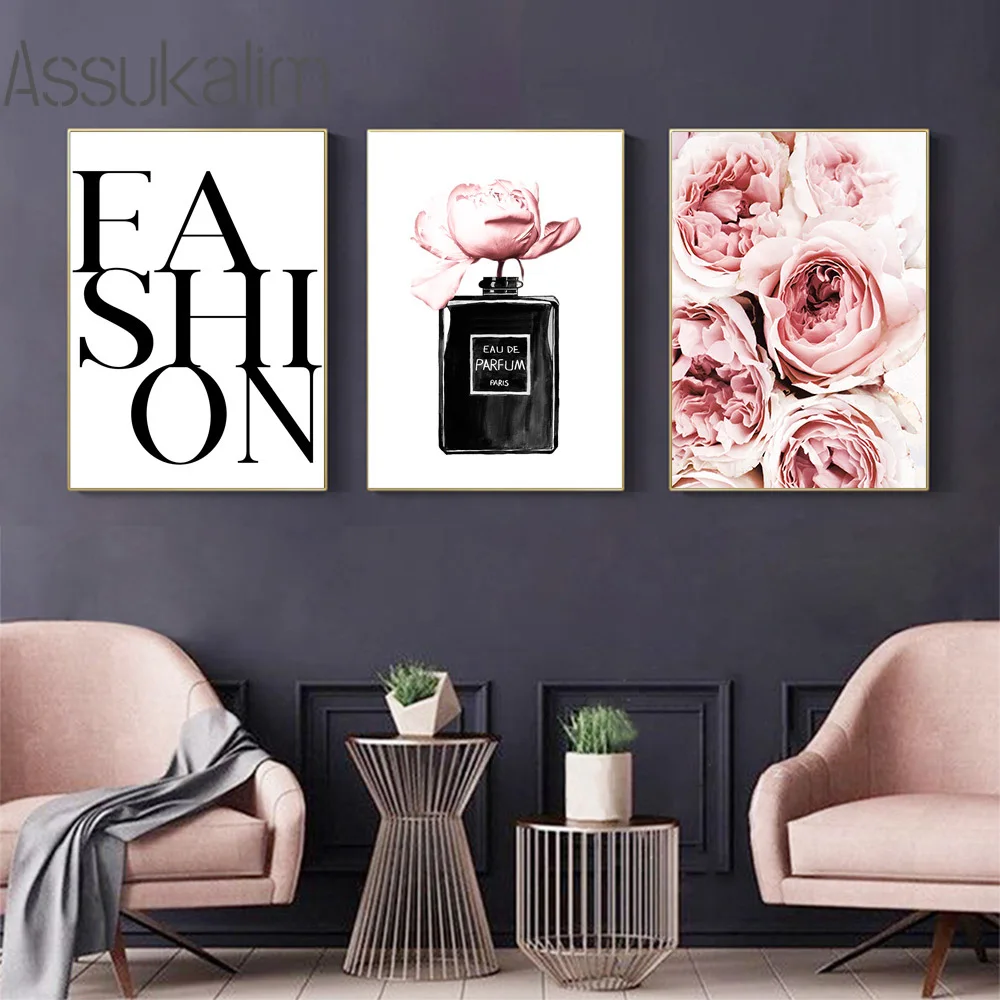 

Fashion Wall Art Canvas Painting Perfume Bottle Wall Posters Peony Flowers Poster Modern Print Pictures Living Room Decoration