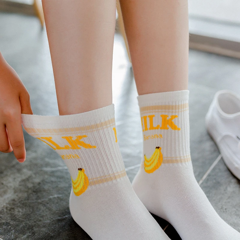 Новые женские носки без пятки ulzzang, молоко, клубника, банан, корова, соккен, для девочек, Осень-зима, рисунок с фруктами, молоко, теплые удобные хлопковые носки