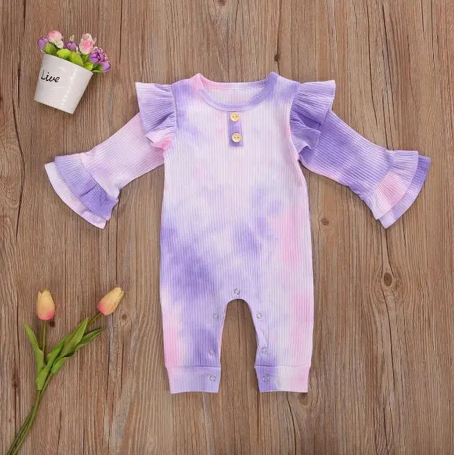 

Newborn Baby Girls Tie-Dye Printed Rompers Autumn Baby Girls Boys Knit Long Flare Sleeve Jumpsuits