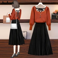 autumn winter graceful women knitted suits 2021 office lady elegant bow sweater suit with skirts square collar top pleated skirt