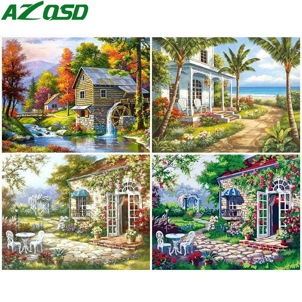 

AZQSD DIY Paint By Numbers House On Canvas Paint Home Decor Frameless Landscape Oil Painting By Numbers Handpainted Gift