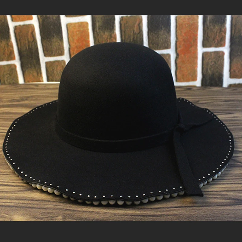 

ZLD Autumn and winter felt shallow top fedora too lady retro loose visor shallow top fedora fashion shade pearl hat