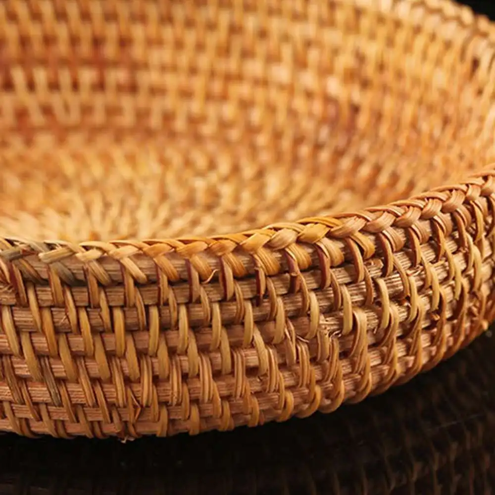 

1pc Round Basket Storage Serving Tray Bread Fruit Natural Woven Home 8*4cm