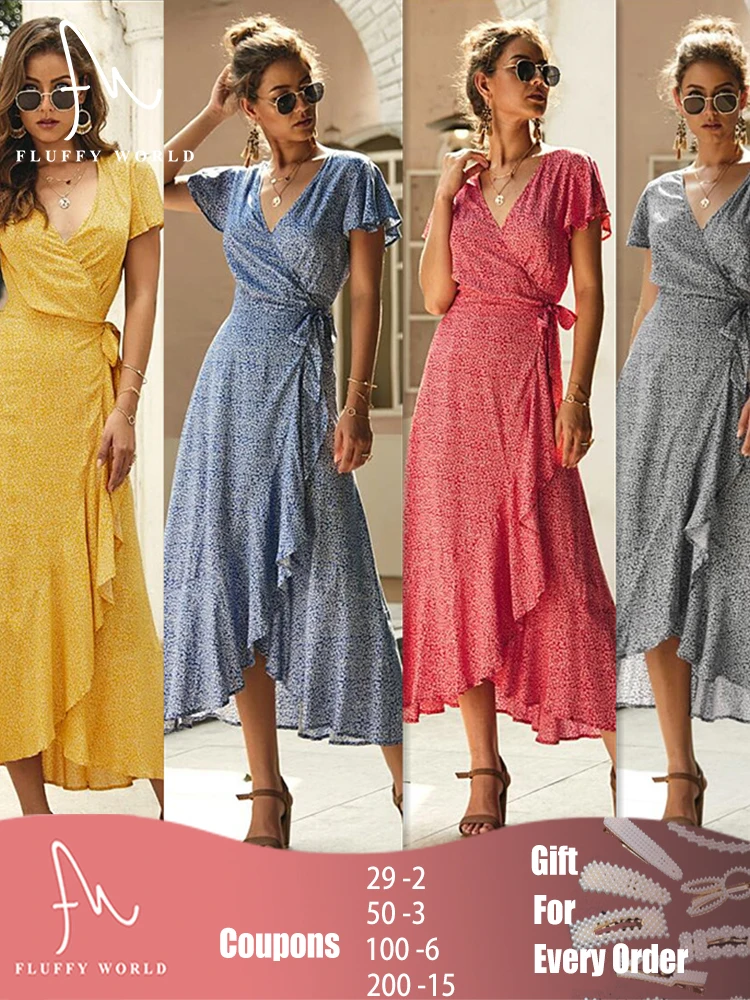 

Summer Print Maxi Dress Vintage Short Sleeve V-neck Long Chiffon Ruffles Wrap Slit Long Dress Sexy Party Beach Dress Robe Women