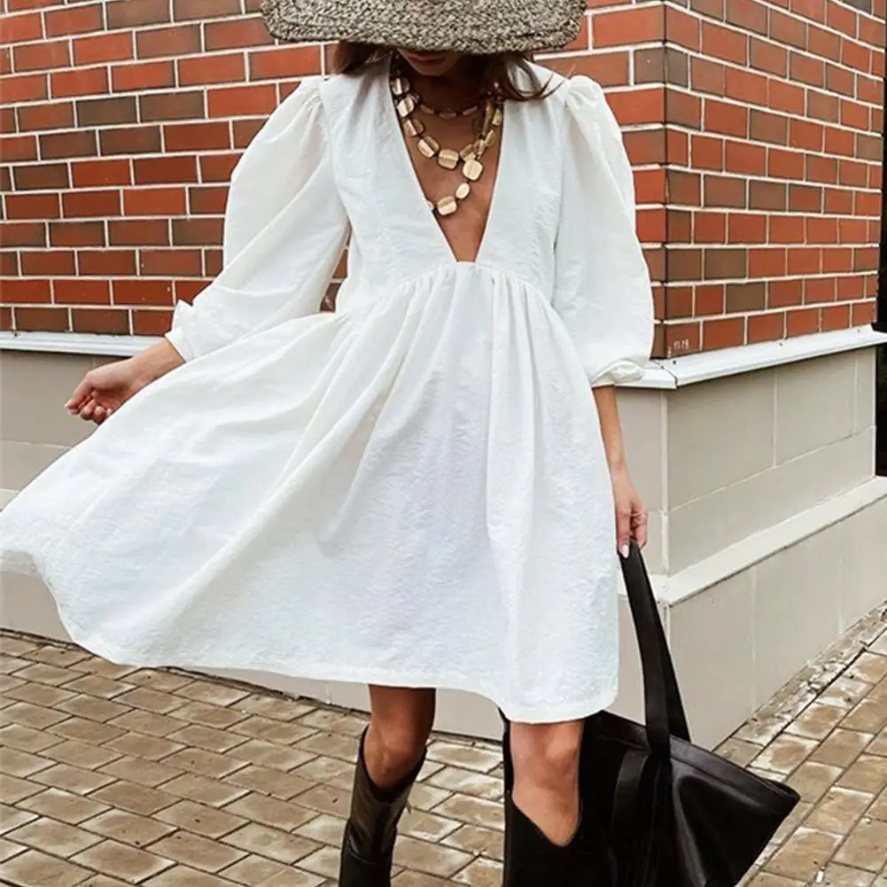 

Dress Sexy Deep V Lace Up Fashion Women Dress Elegant White Shirt Dress Lace Patchwork Pleated Ruffle Hem Midi Long Sleeve