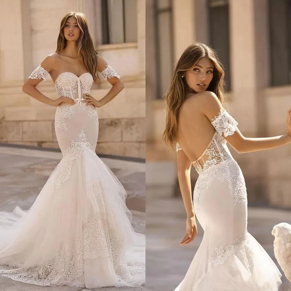

Sexy Lace Tulle Tiered Mermaid Wedding Dresses Strapsless Sweetheart Neck Bridal Gown Beach Backless Sweep Train vestidos de