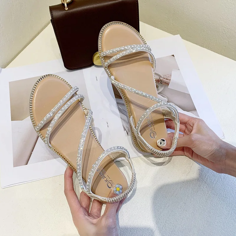 

Female Sandal Fashion Womens Shoes 2021 Clear Heels Buckle Girls Gladiator Luxury Rhinestone Beach Summer Comfort New Flat Beig