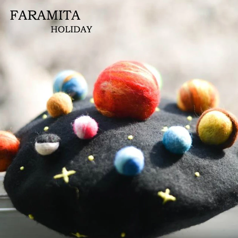 Faramita Holiday Stars Colorful the Eight Planets Originality Women Universe Space Hat Girls Warm Berets Wool Felt Hats Novelty