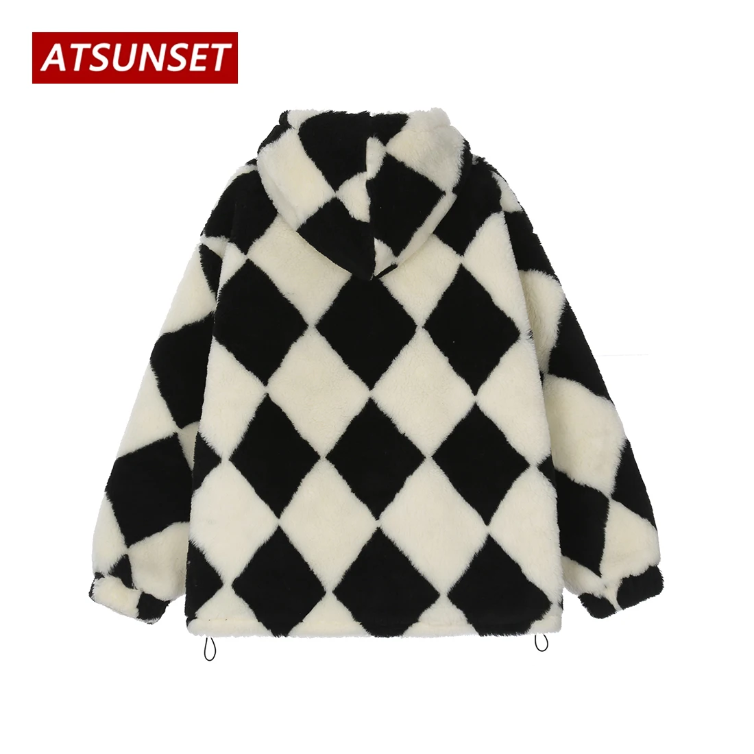 ATSUNSET Square Grid Lambswool Hooded Cotton Coat Thick Warm Harajuku Winter Jacket High Street Couple Streetwear