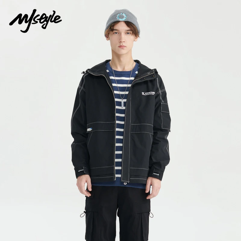 

MJstyle 2021 осень-зима Мужская Черная парка с буквенным принтом куртка с капюшоном пальто с застежкой-молнией 721660012
