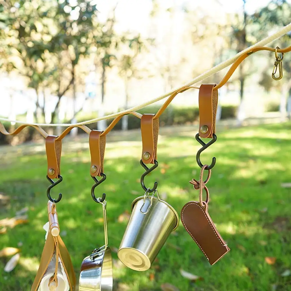

Leather Metal Hook Pu Leather Outdoor Camping Hook Portable Rack Camping Gadget Triangle S-shaped Outdoor S6F0