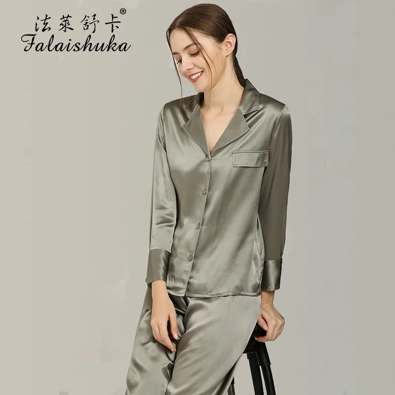 

Women's Silk Pajamas Set Solid Color 2021 Summer Spring Full length Sleeve Sleepwear Home Wears