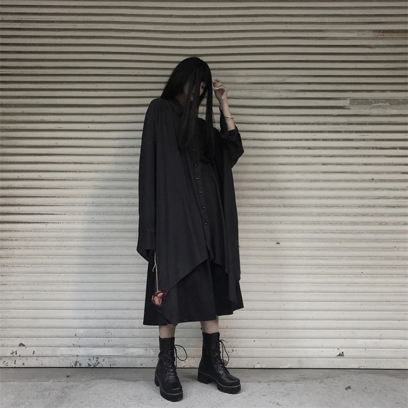 Style Harajuku Grunge Black Shirt Women Halloween Costume Long Sleeve Asymmetric Yamamoto Oversize Spring Autumn Normcore