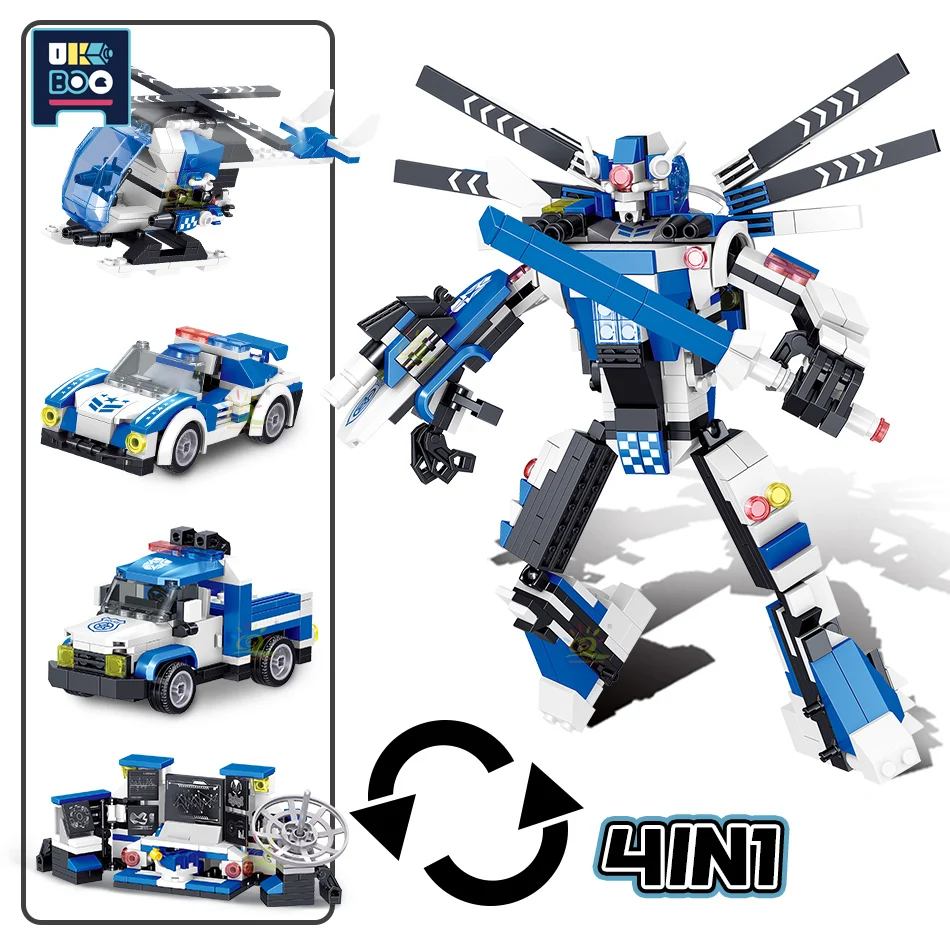 

UKBOO 620PCS City 4IN1 Police Rescue Robot Building Blocks Eductional Assemble Military Car Helicopter Mecha Bricks Toys For Kid