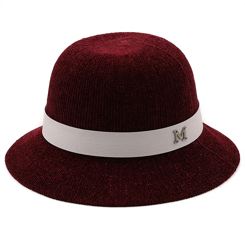 

Women's Chenille Basin Hat Autumn/Winter England Bowler Hat Knitted Fisherman Hat Ladies Fashion Bow Bucket Hat