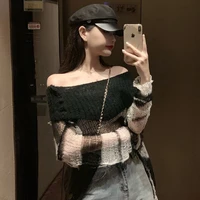 punk loose women pullover long sweater hole cool top slash neck jumpers transparent new gothic thin striped hollow out 2022 lady