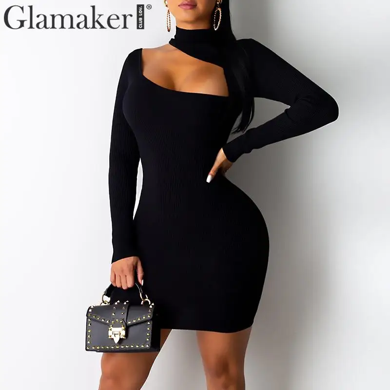 Glamaker, трикотажное, с вырезом, облегающее, сексуальное, короткое платье, для женщин, с длинным рукавом, черное, элегантное, осеннее платье, для женщин, зимние, вечерние, Клубное платье