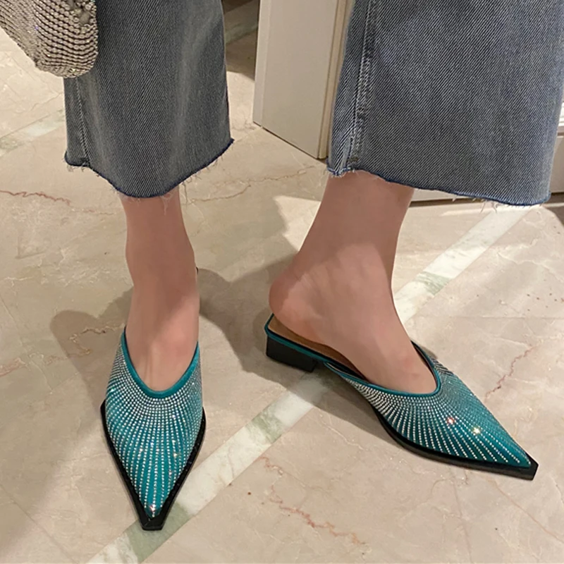 

2021 Women Slippers Thick Low Heels Sandals Mules Shoes Woman Fashion Heel Slides Flip Flops Rhinestone Ladies Slippers Shoes