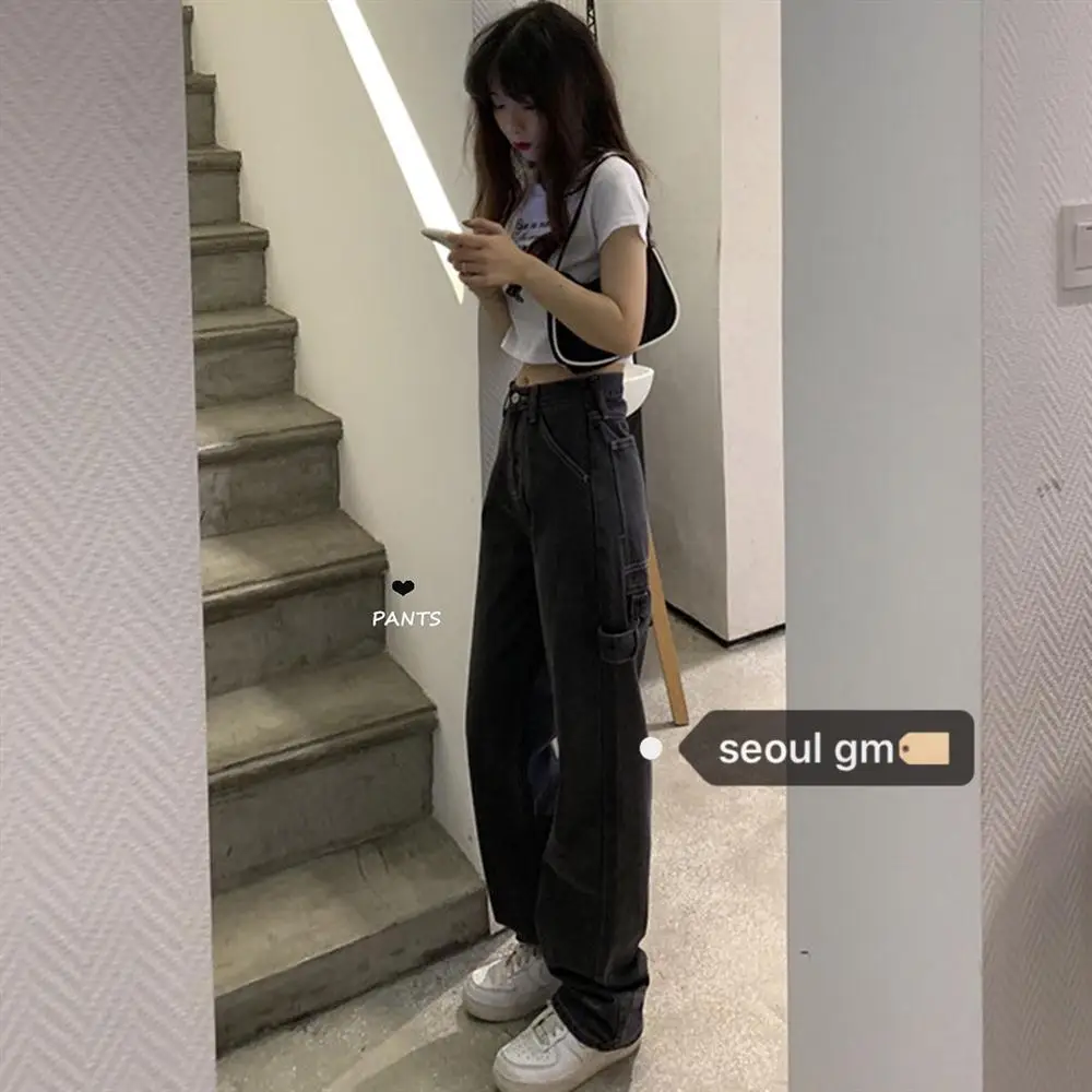 

Spring and autumn jeans women's new Korean Retro High Waist slim personality black pants loose straight wide leg pants