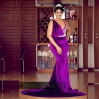 purple mermaid velvet evening dresses v neck lace appliques crystal sash sweep train prom dress custom made formal gown