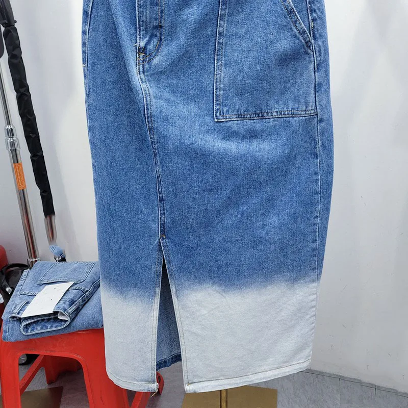 

SeeBeautiful Contrast Color Loose Denim Half-body Skirt Lace Up Button Pocket Split New Fashion Spring Summer 2021 Women E390