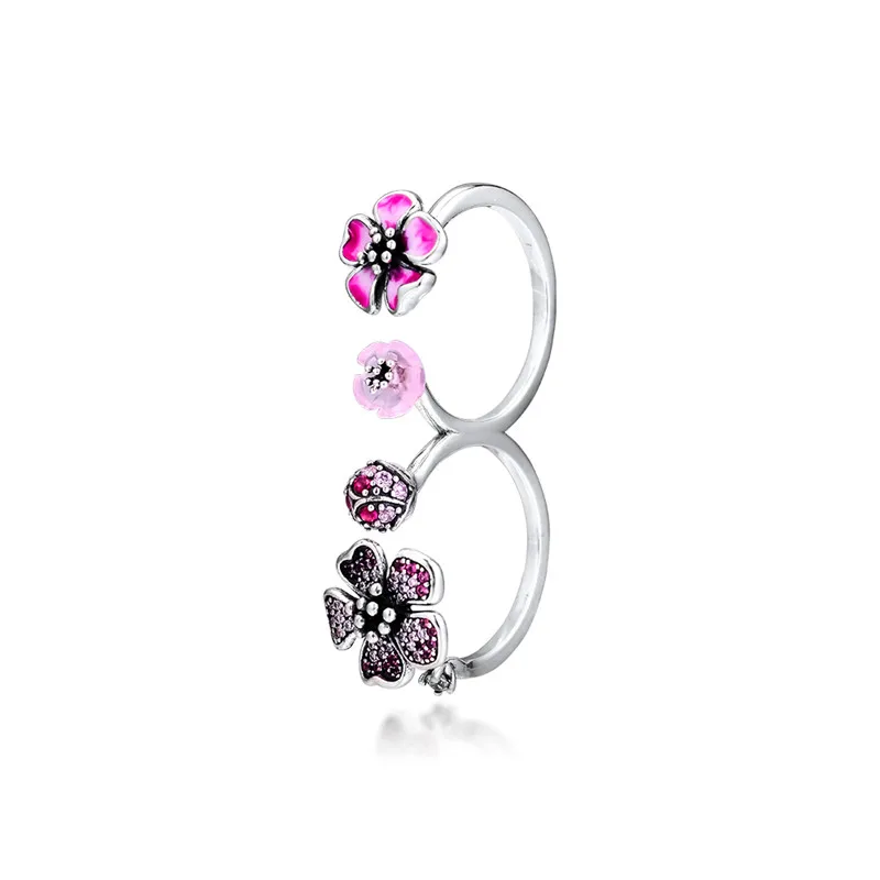 

Peach Blossom Flowers Ring Jewelry 925 Sterling Silver Rings for Women Mixed Pink Enamel Double Open Rings Jewelry Accessories