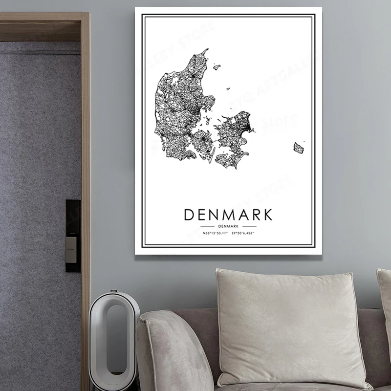Дания черно-белая карта плакат художественная картина печать домашний декор