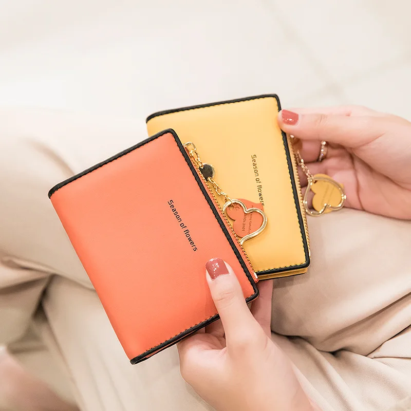

Women's Heart Pendant Coin Purses PU Leather Small Wallet Hasp Short Credit Card Holder Lovely Student Zipper Money Bag Clutch