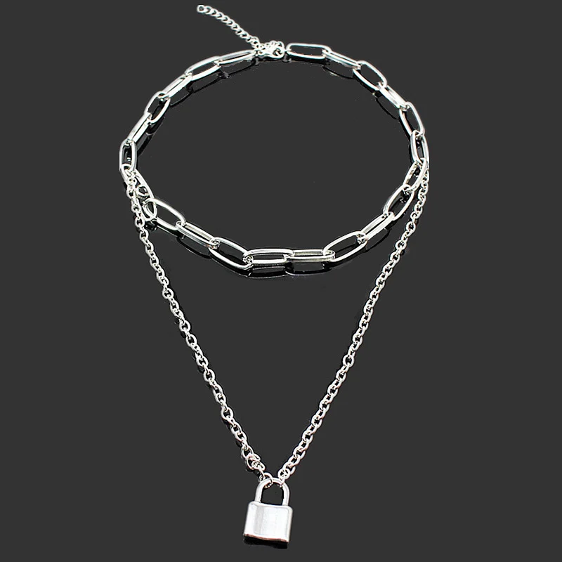 

Punk Double Layers Lock Chain Necklace Women Gothic Link Chain Stainless Steel Metal collar Padlock Pendant Statement Necklace