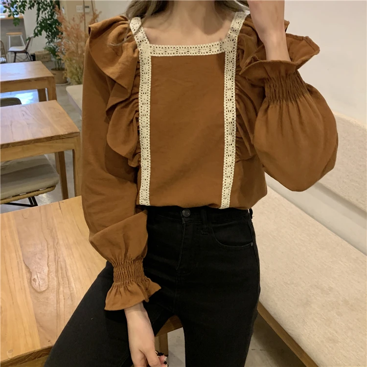 

Ruffles Square Collar Shirts for Women Clothes Spring New Fashion Patchwork Lace Long Sleeve Blouses Sweet Style Ladies Tops Ins
