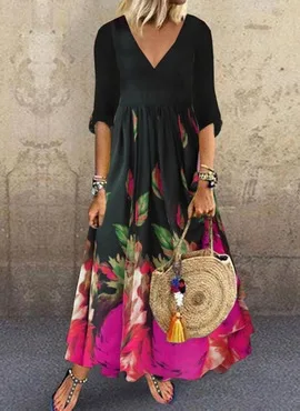 

Длинное платье, модное элегантное женское летнее повседневное свободное платье с принтом, рукавом до локтя, V-образным вырезом и длиной до щ...