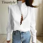 Tinastyle элегантная белая блузка женская рубашка с высоким воротником с длинным рукавом на пуговицах тонкие осенние Топы офисные женские повседневные блузки Топы