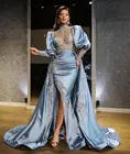 Небесно-голубое арабское платье-Русалка для выпускного вечера со съемным шлейфом 2022 Aso Ebi роскошное кружевное вечернее платье с длинным рукавом и высоким воротом