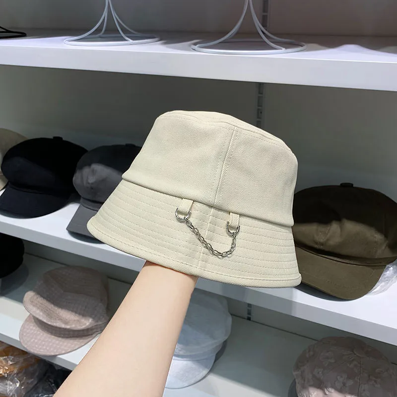 

202107-shi new autumn Waterproof coating texture chain fashion lady bucket cap men women leisure hat