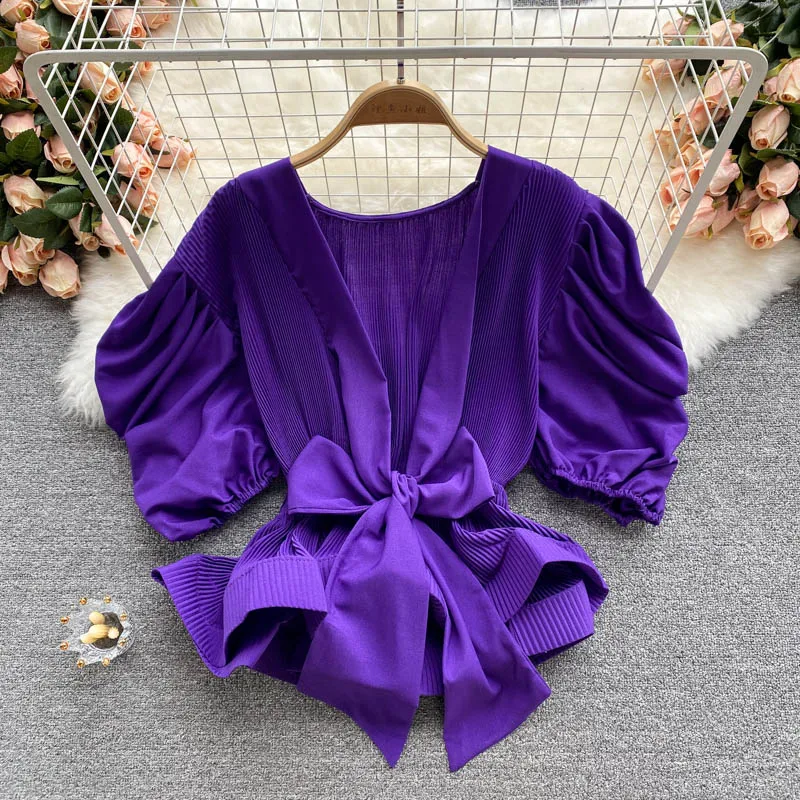 

ZAWAHIKI Chiffon Blouses Solid Bandage Bow Pleated Bow Short Summer Puff Sleeve Women Shirts V Neck Korean 2021 Blusas Mujer