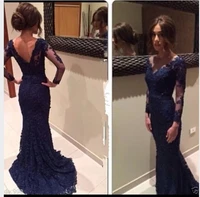 free shipping vestidos de gala fashion long sleeves mermaid lace appliques prom navy blue evening dresses 2019 evening dress