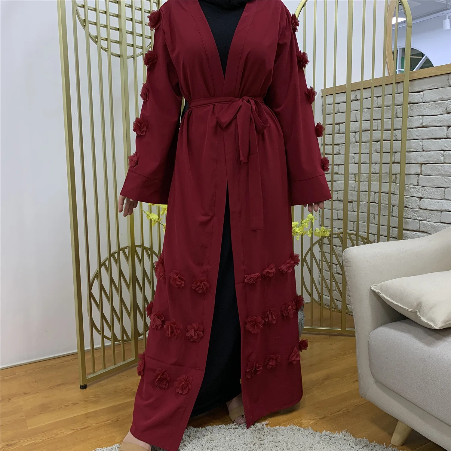 

Donsignet Muslim Dress Muslim Fashion Middle East Eid Duabi Abaya Turkey Robe Loose Cardigan 3D Flower Belt Robe Muslim Dress
