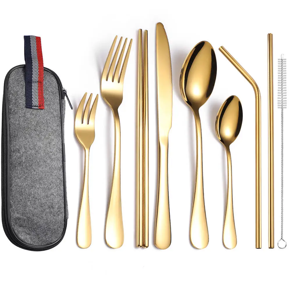 

9 Pcs Portable Stainless Steel Flatware Travel Camping Cutlery Utensil Silverware Set Complete Tableware Dinnerware For Kitchen