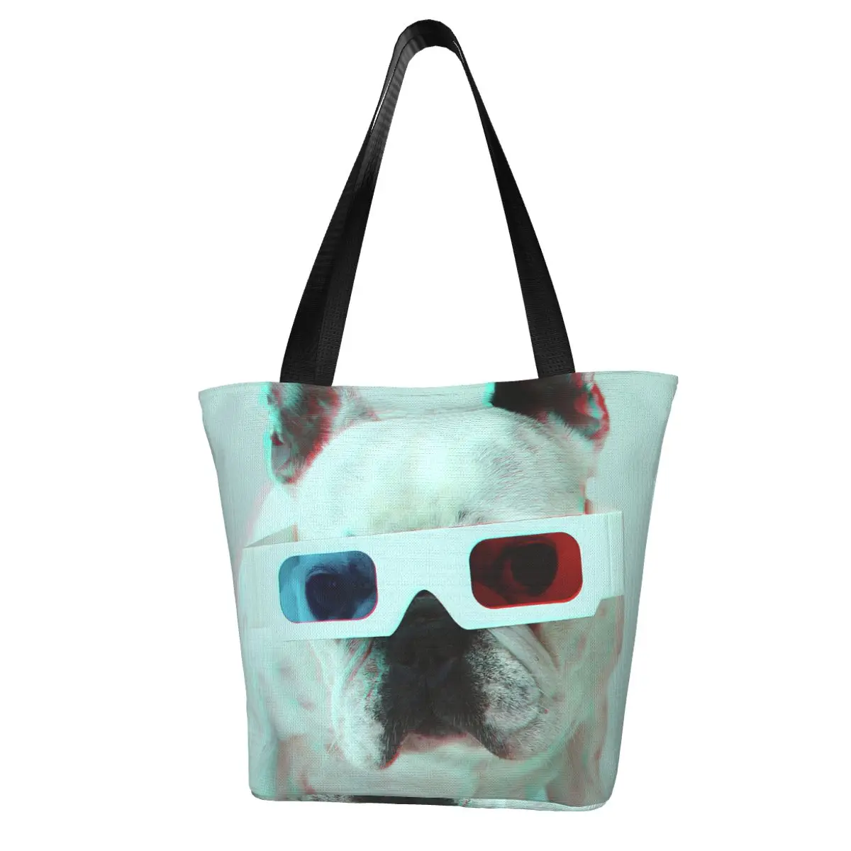 French Bulldog With 3d Glasses Polyester outdoor girl handbag, woman shopping bag, shoulder bag, canvas bag, gift bag