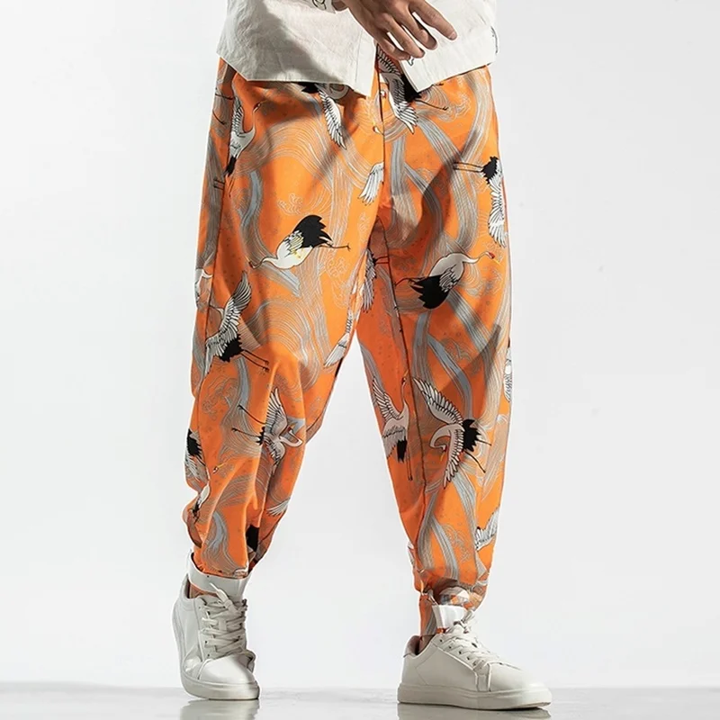 Штаны шаровары в китайском стиле с принтом журавль повседневные свободные