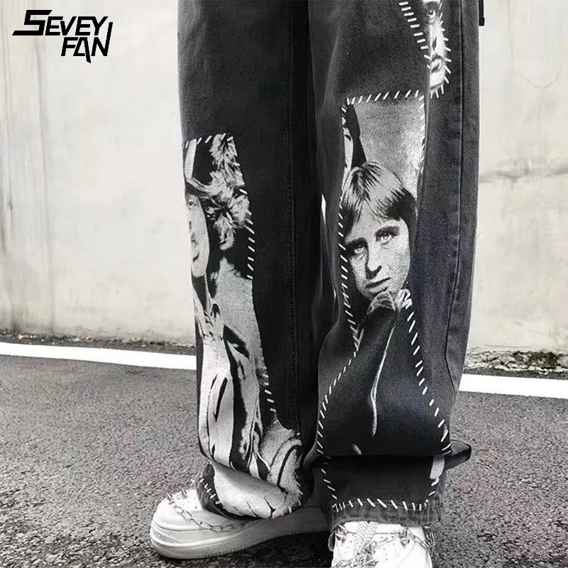 

Rock Band Hip Hop Jeans Men Fashion Street Skateboard Dance Baggy Jean Harajuku Oversized Patchwork Black Straight Denim Pants