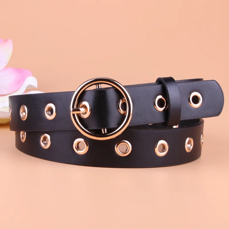 

Premium PU Leather Women's Belt Hollow Holes Waist Belt Punk Goth Luxury Belts For Women Jeans Round Buckle Girdle Waistband