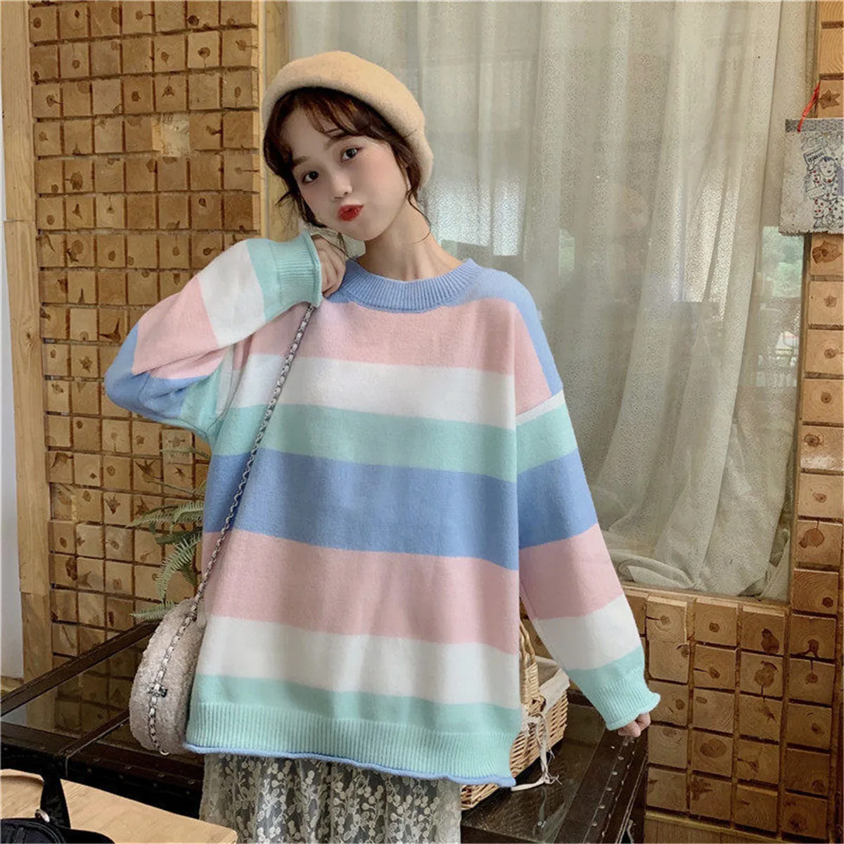 

Cute Rainbow Tops Oversize Women High Street Knitting Sweater Tops Autumn Pullover Loose Harajuku Kawaii Funny Teens Sweater