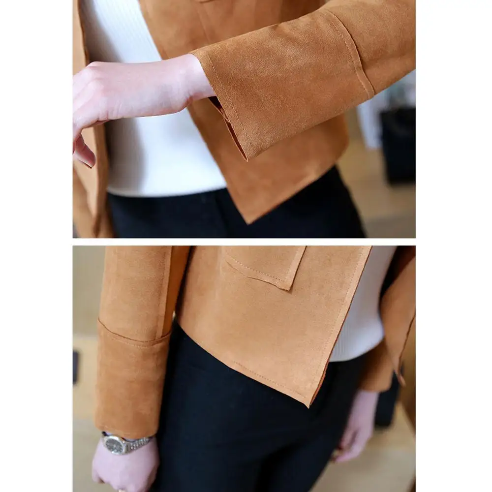 Женская замшевая куртка Gowyimmes Весенняя Короткая Повседневная с длинным рукавом