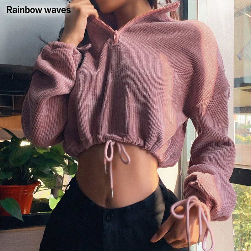 Rainbowwaves Sexy Women Hoodies Slim Half Open Collar Patchwork Street Trend Sweatshirts Female Casual Drawstring Navel Pullover