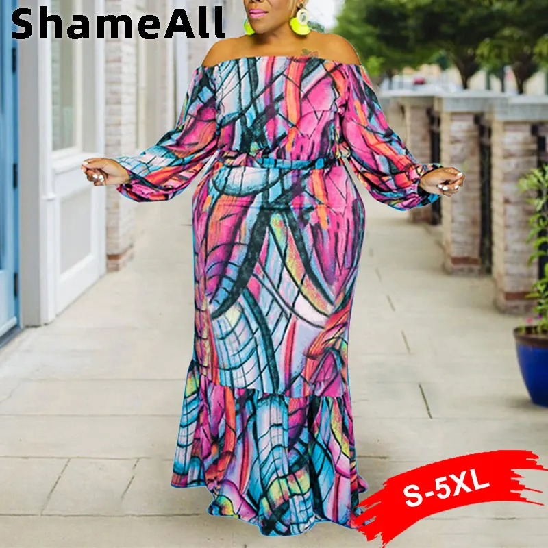 

Plus Size Long Sleeve off shoulder Tops 2 Two Pieces Mermaid Skirts Sets 4XL Africa Vintage Print Long Flare Maxi Skirts Outfits