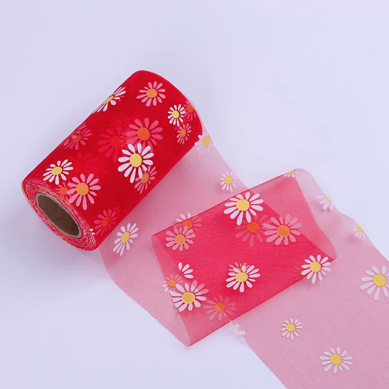 25yards 8cm12cm15cm small daisy printed mesh roll tulle ribbon fabric diy craft wedding home birthday decoration bow materia free global shipping