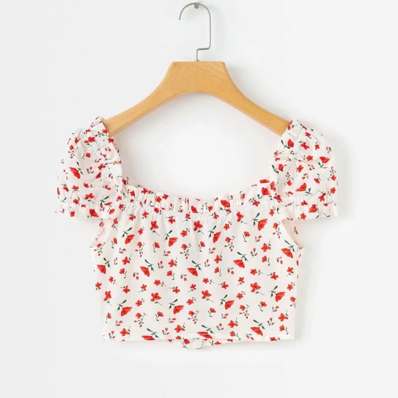 

Summer women's casual flower print ruffle trim short shirt