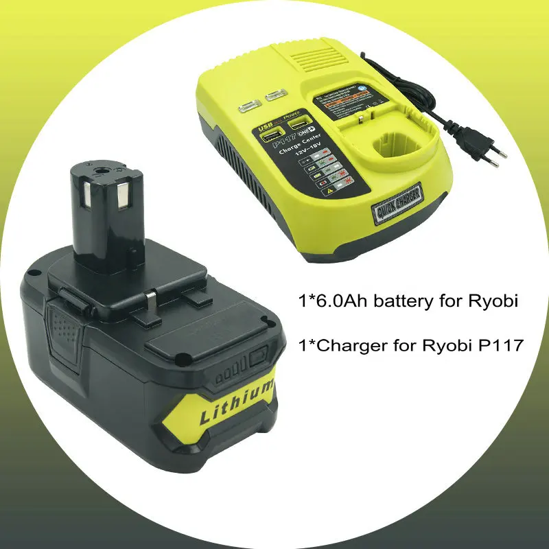 

Зарядное устройство P117 с европейской вилкой + литий-ионная аккумуляторная батарея P105 P108 18 в 6000 мАч для Ryobi P100 P109 P104 BPL1820 P106 RB18L50 RB18L40