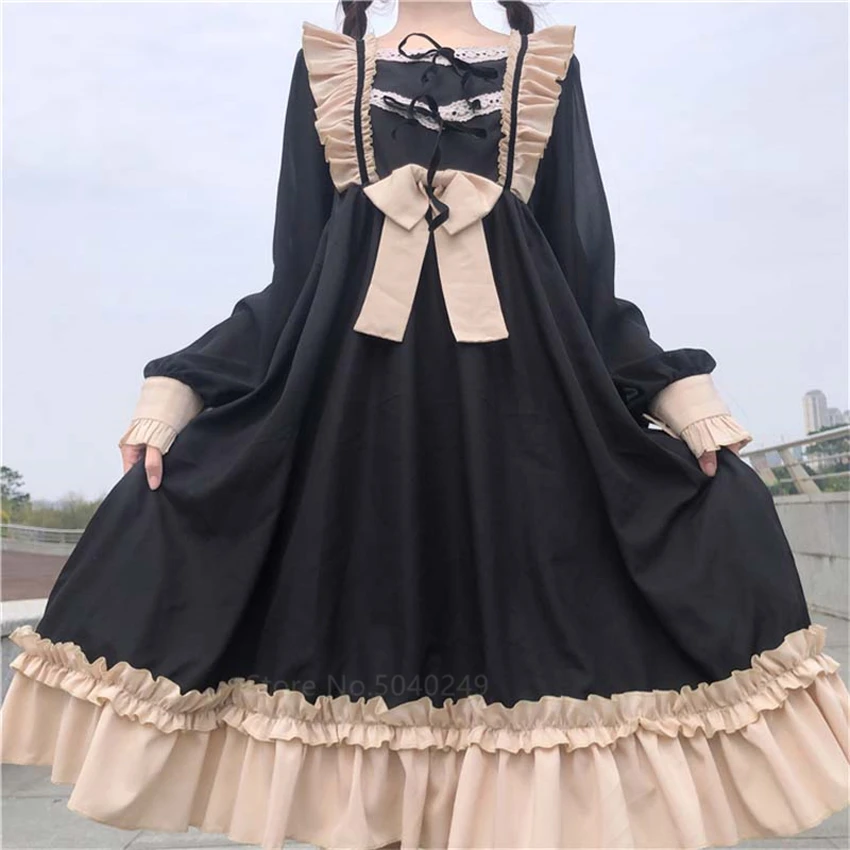 

Cute Girls Japanese Lolita Dress New Anime Gothic Black Wave Fairy Dresses Waitress Cute Bowknot Bowknot Cosplay Costume Dress